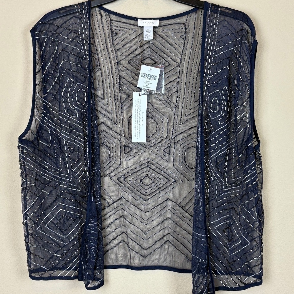 NWT Chico's Slate Blue/Gray Beaded Embellished Sheer Vest; Size L/XL